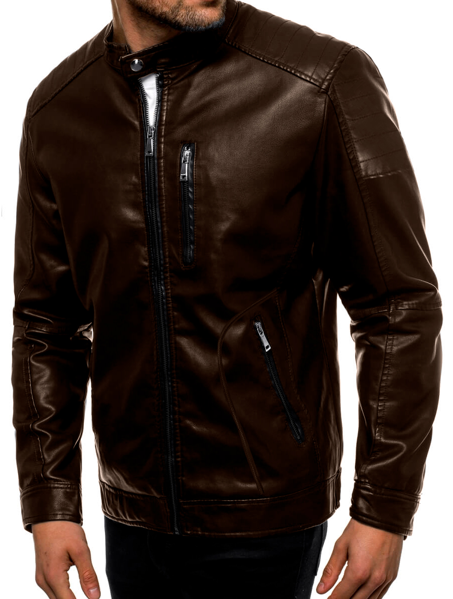 Foto 4 | Chamarra Shendy Vendy Chaqueta Vinipiel Tipo Biker Café para Hombre