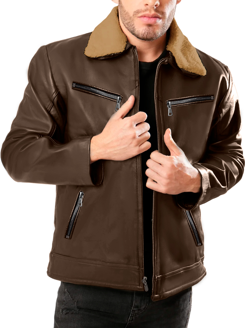 Chamarra Shendy Vendy Chaqueta Vinipiel Tipo Biker Afelpada Cafe para Hombre