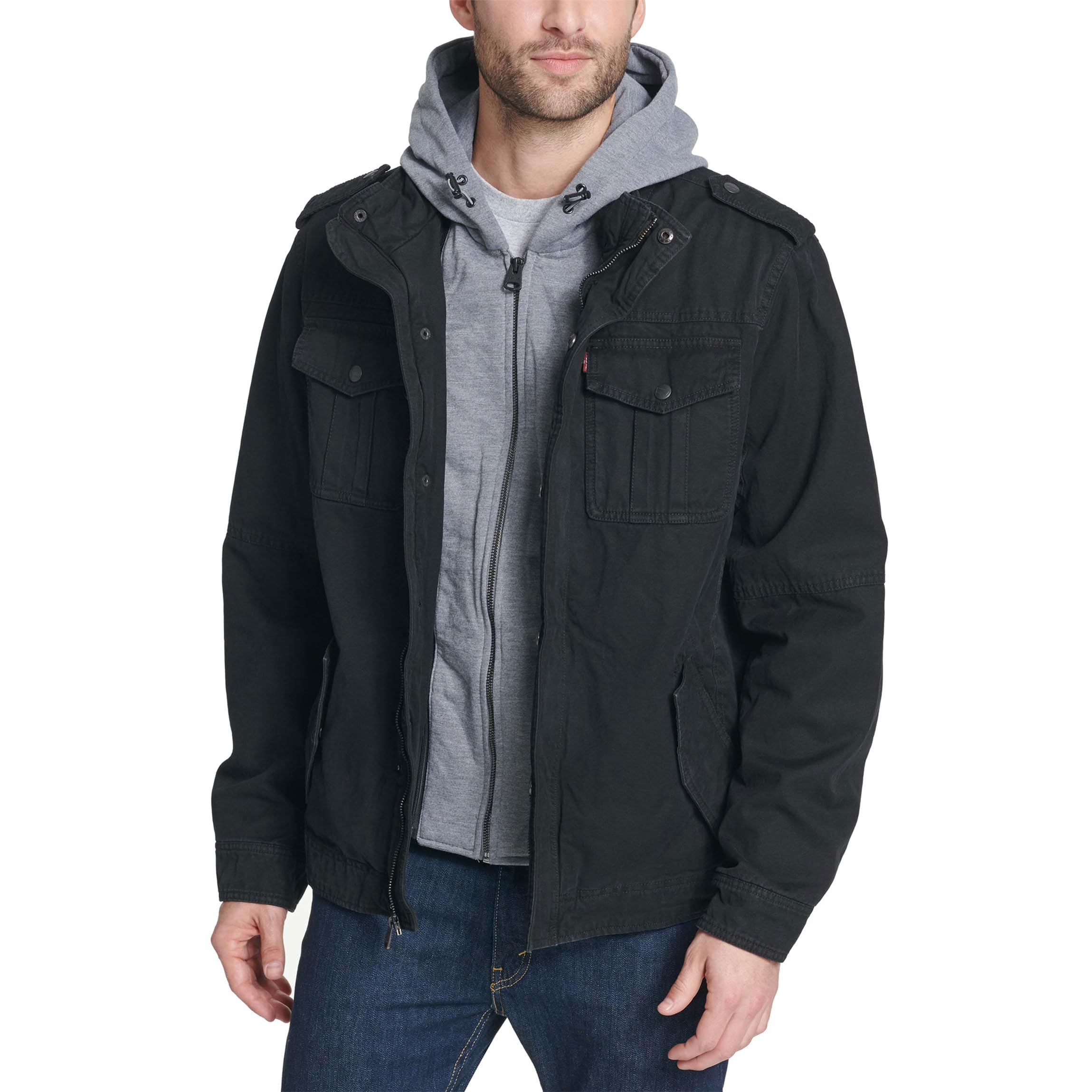 Foto 2 pulgar | Chaqueta Levi's De Algodón Lavado Militar Con Capucha Extraíble, Color Negro - Venta Internacional.