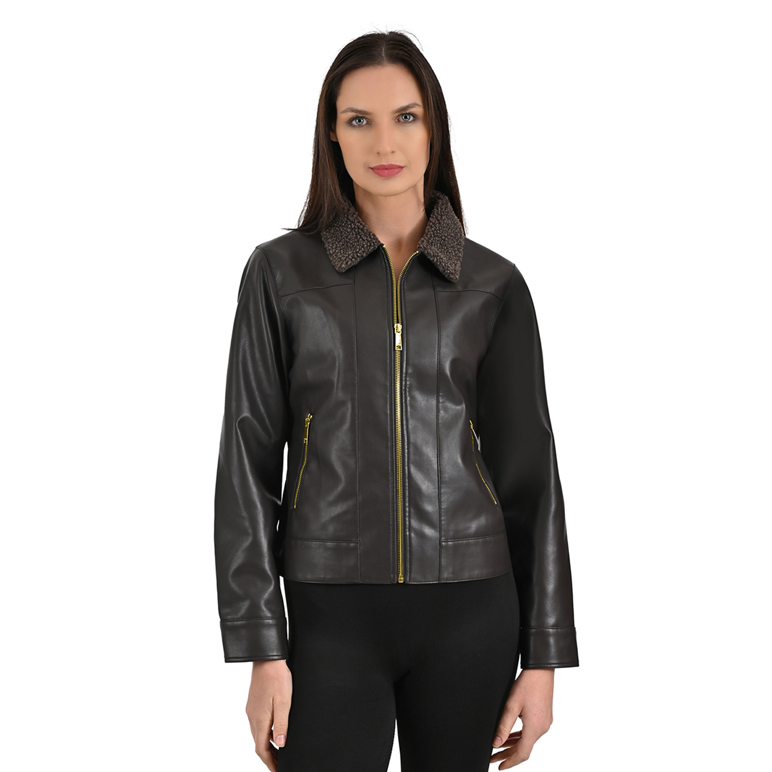 Foto 1 | Chamarra Con Borrega En Cuello Marca Nine West Para Mujer En Color Cafè Oscuro.