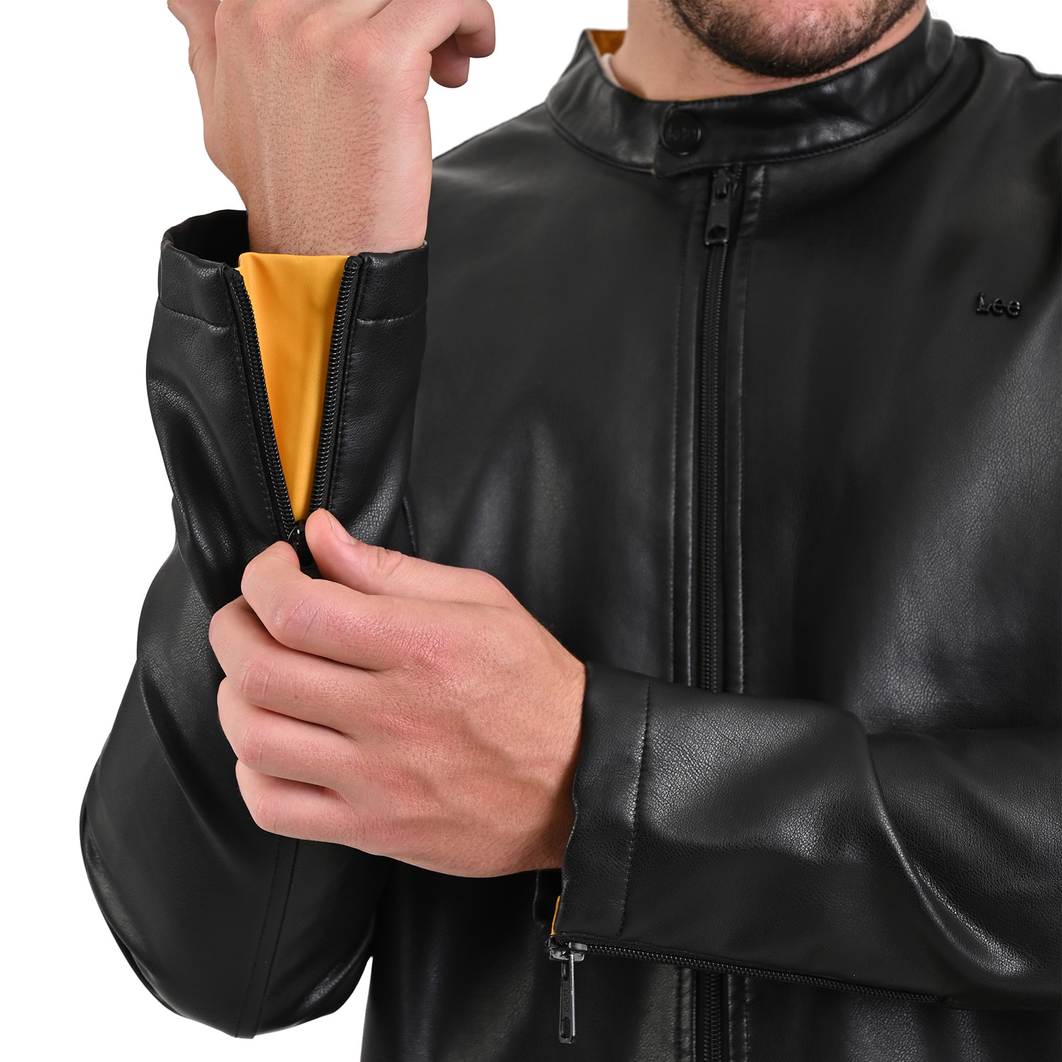 Foto 7 pulgar | Chamarra Lee Para Hombre En Piel Sintética Negro Con Detalles Amarillos.