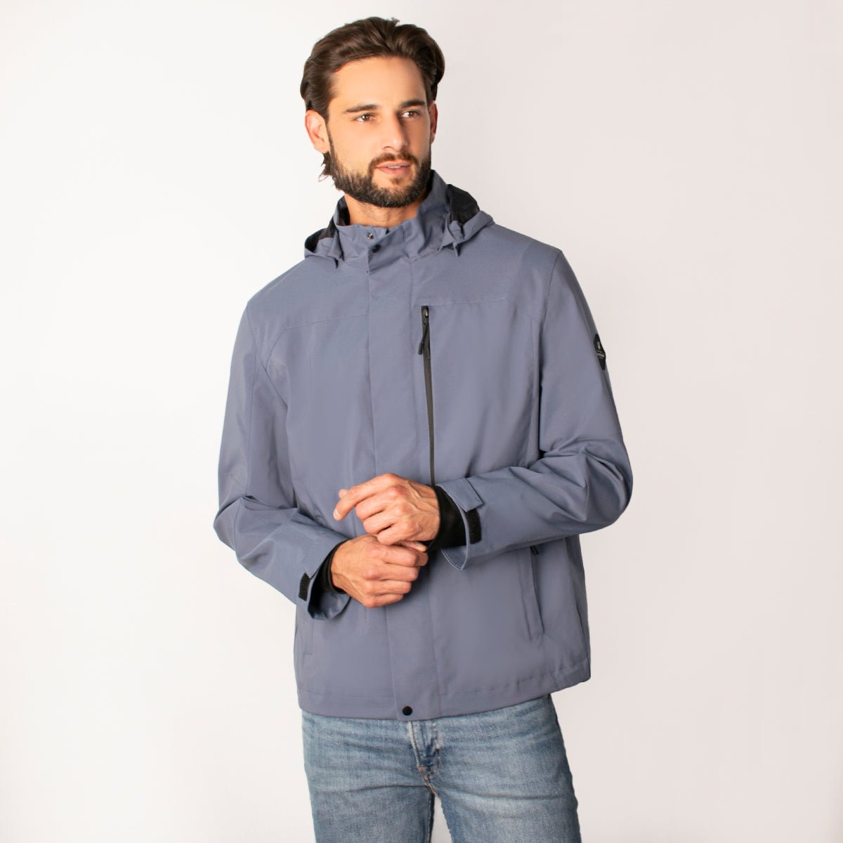 Chamarra Greenlander Impermeable Azul Claro  Casual Con Capucha Y Bolsillos Internos  Cierre Frontal Ajuste Moder
