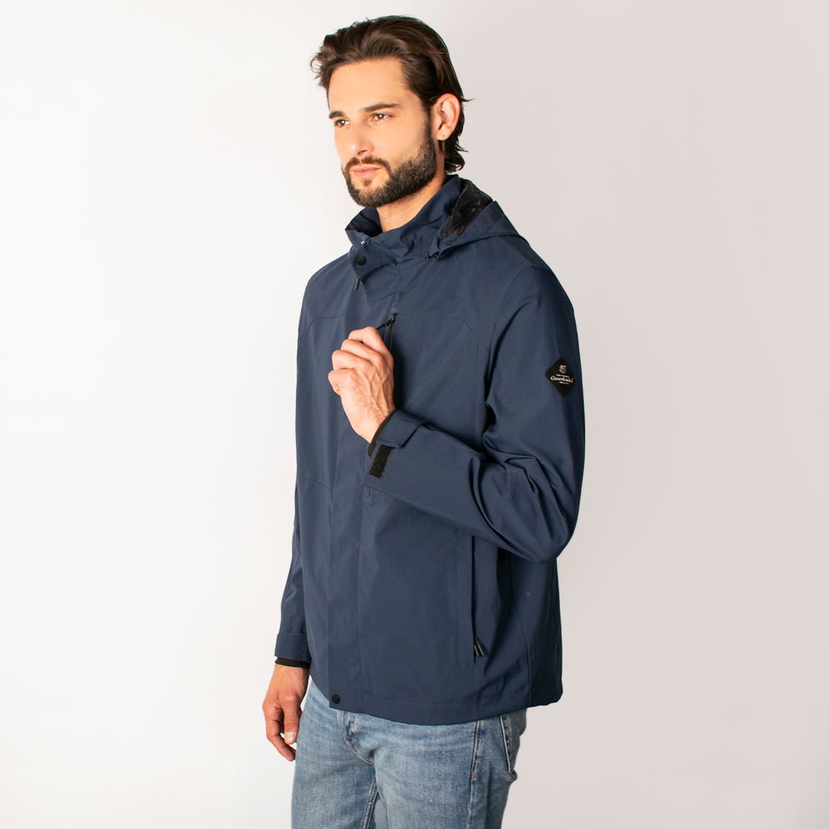 Chamarra Greenlander Impermeable Azul Marino Casual Con Capucha Y Bolsillos Internos  Cierre Frontal  Ajuste Mod