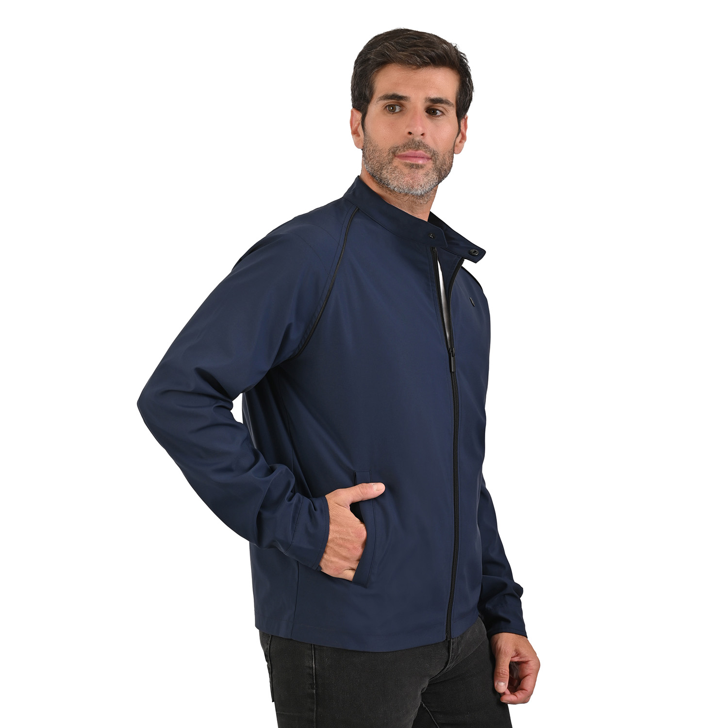 Foto 4 pulgar | Perry Ellis Chamarra Casual Para Caballero Con Cuello Mao Y Cierre Frontal En Color Marino.