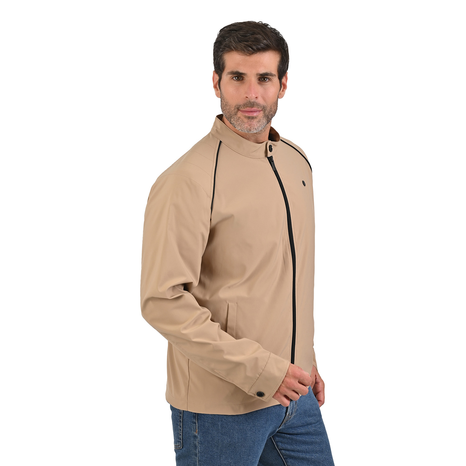 Foto 4 pulgar | Perry Ellis Chamarra Casual Para Caballero Con Cuello Mao Y Cierre Frontal En Color Kakhi.