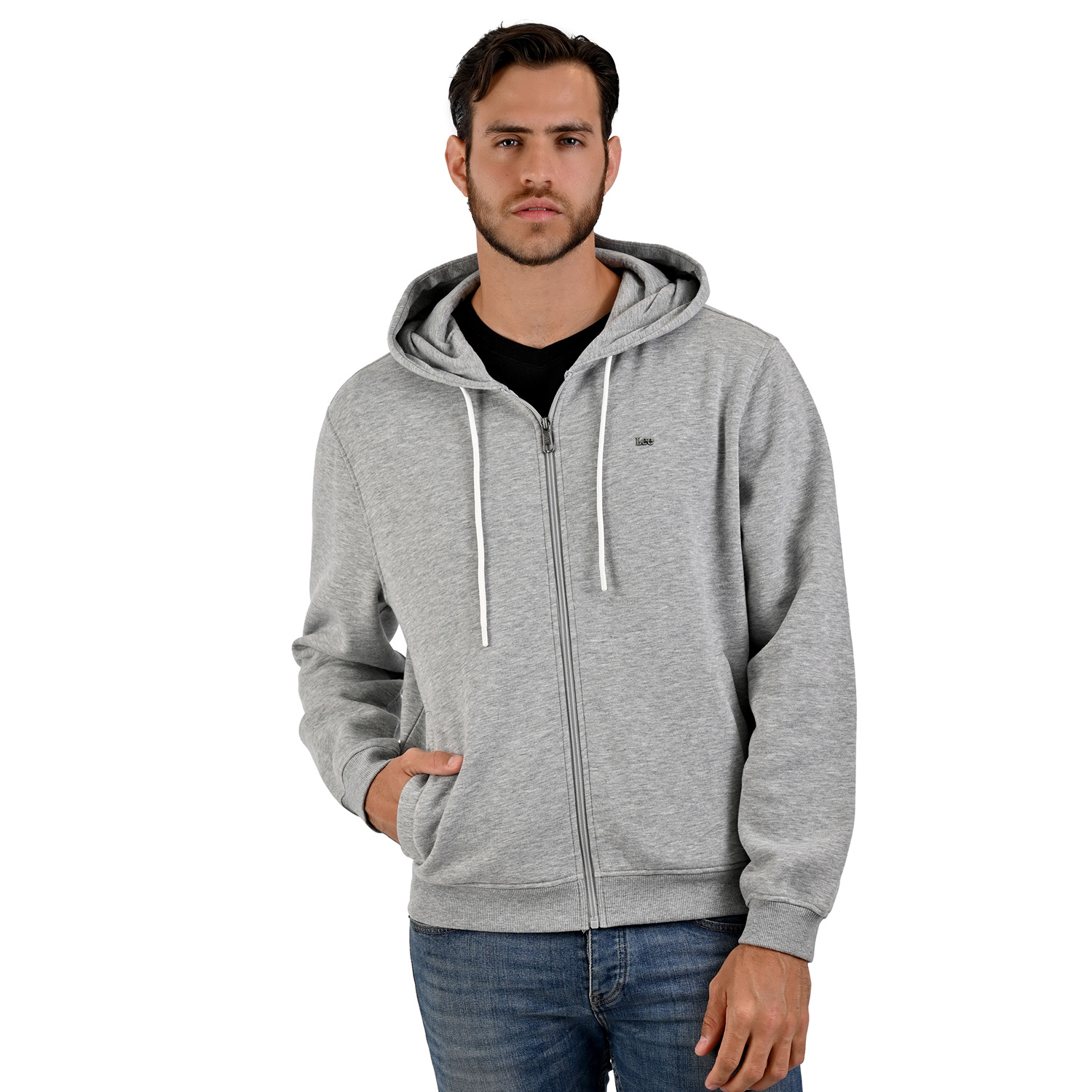 Foto 2 pulgar | Lee Sudadera Hoodie Gris Para Caballero Con Cierre Y Estampado En Espalda.
