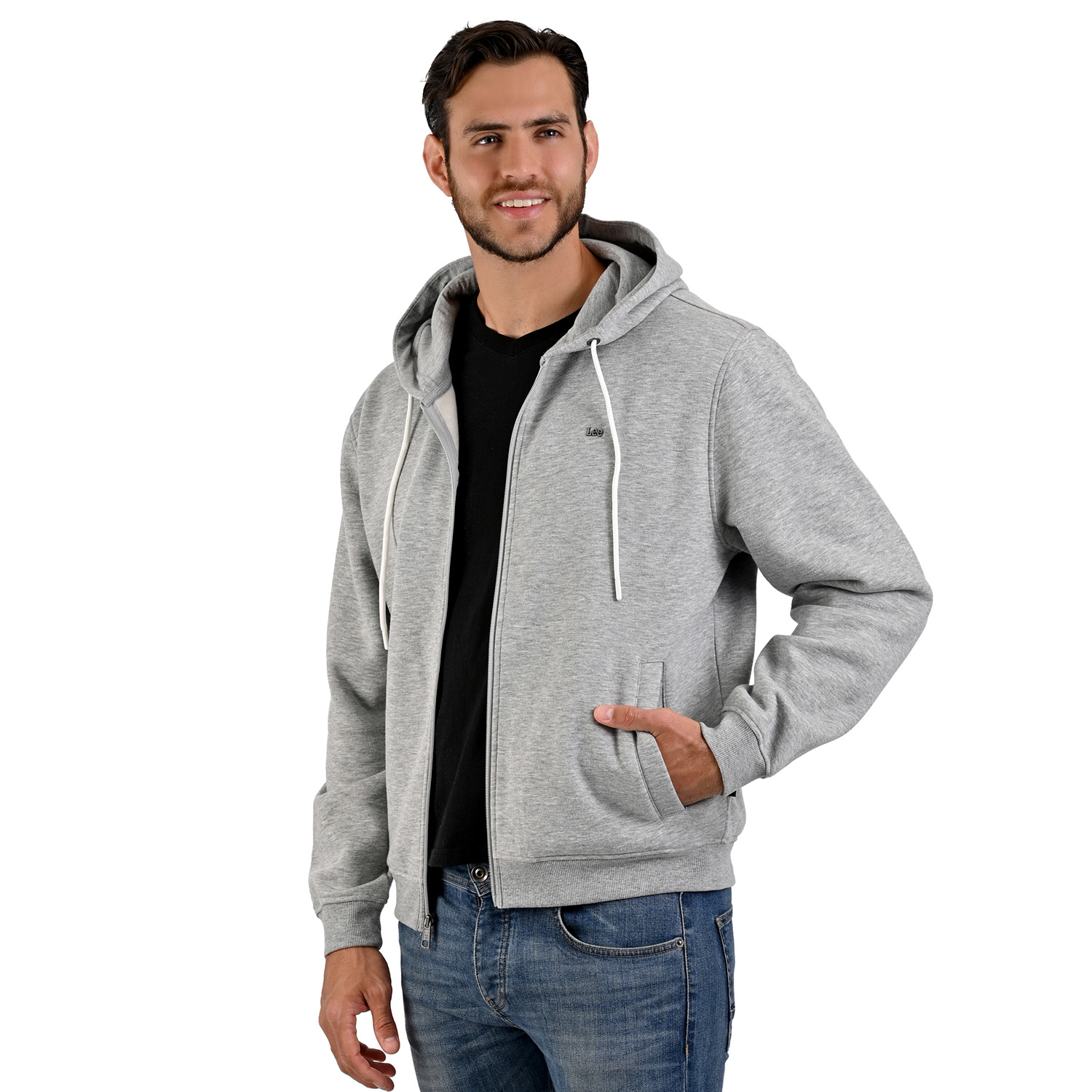 Foto 3 pulgar | Lee Sudadera Hoodie Gris Para Caballero Con Cierre Y Estampado En Espalda.