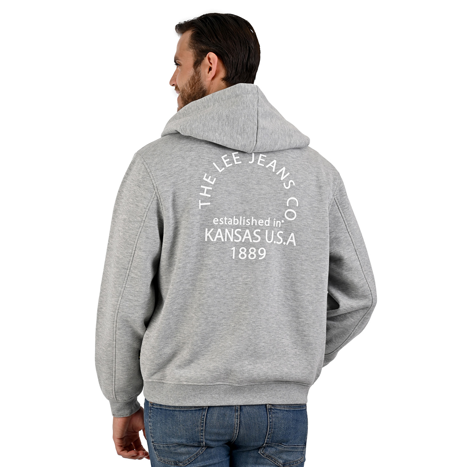 Foto 5 pulgar | Lee Sudadera Hoodie Gris Para Caballero Con Cierre Y Estampado En Espalda.