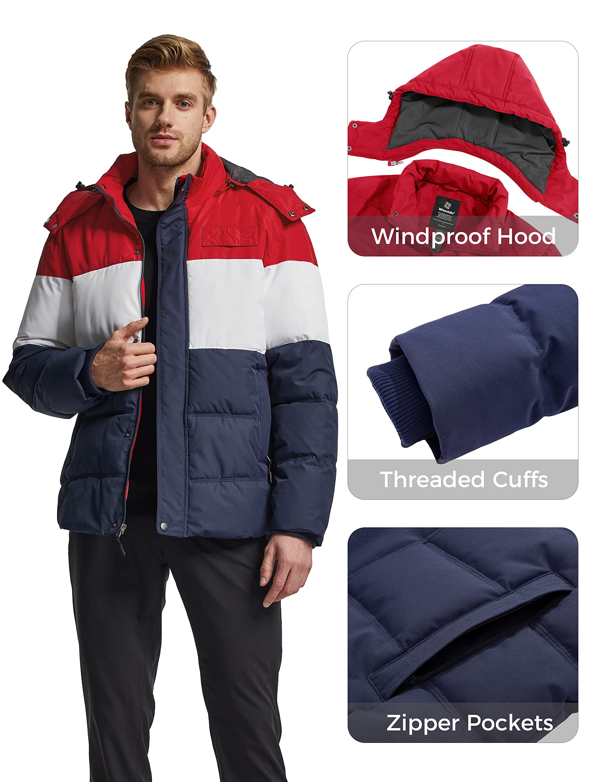 Foto 7 pulgar | Chaqueta Acolchada Wantdo Para Hombre, Cálida Y Ajustada, Para Invierno, Azul Marino Y Rojo - Venta Internacional.