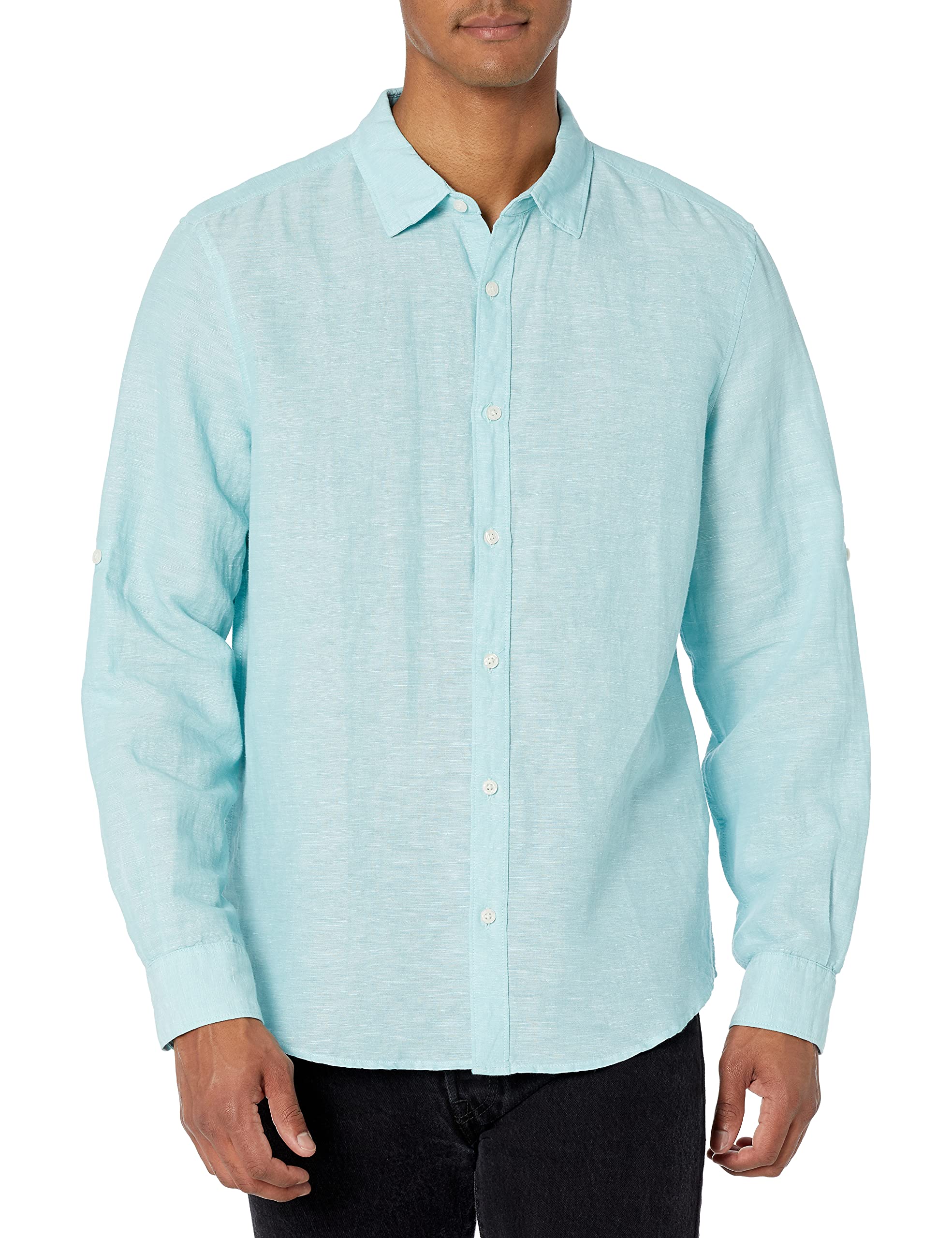 Camisa Perry Ellis De Manga Enrollada De Lino Liso Y Algodón Para Hombre - Venta Internacional.