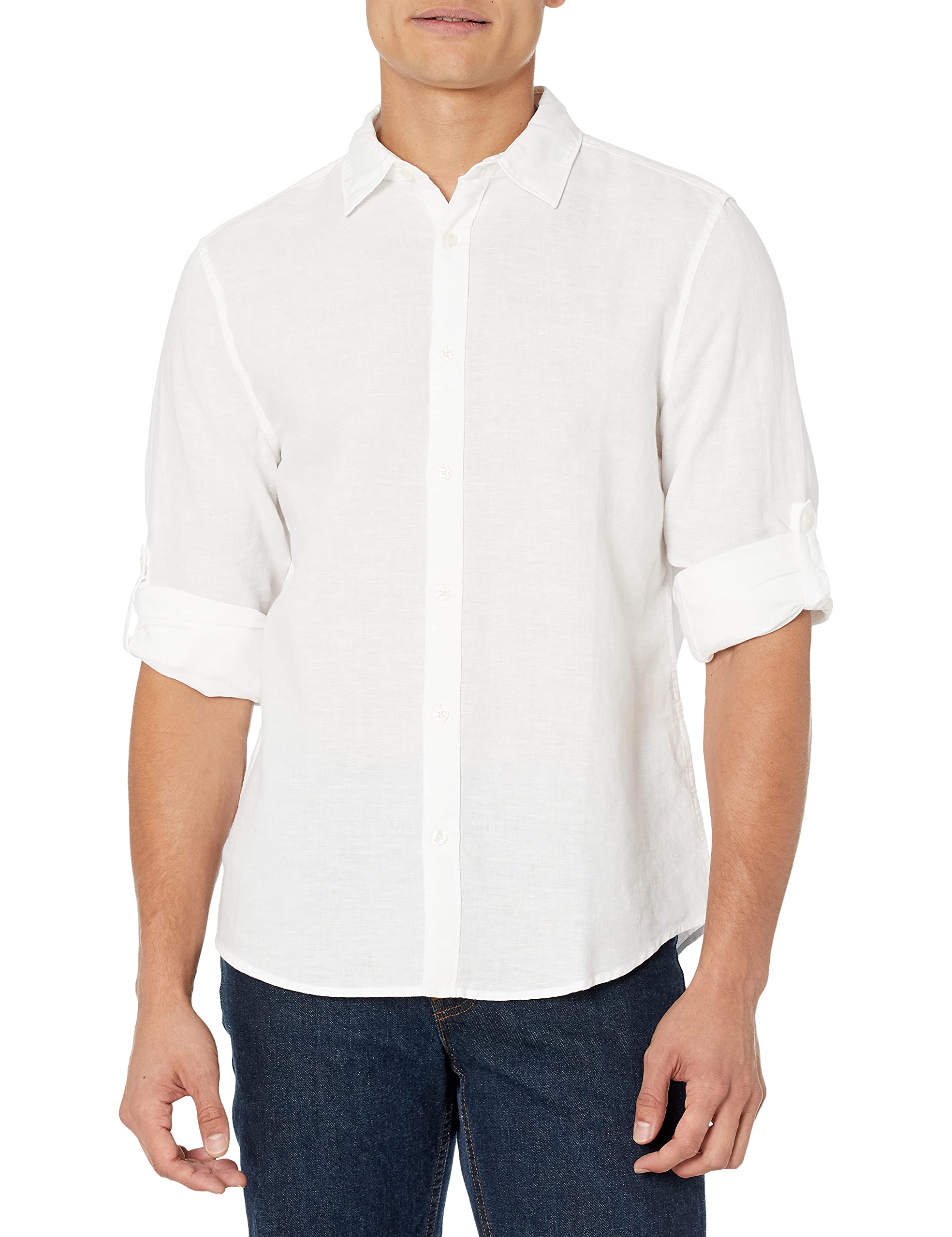 Camisa Perry Ellis De Manga Enrollada De Lino Liso Y Algodón Para Hombre - Venta Internacional.