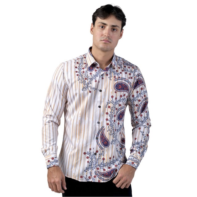 Camisa Benzini Para Caballero Blanca Ls5025-l-blue/red $690