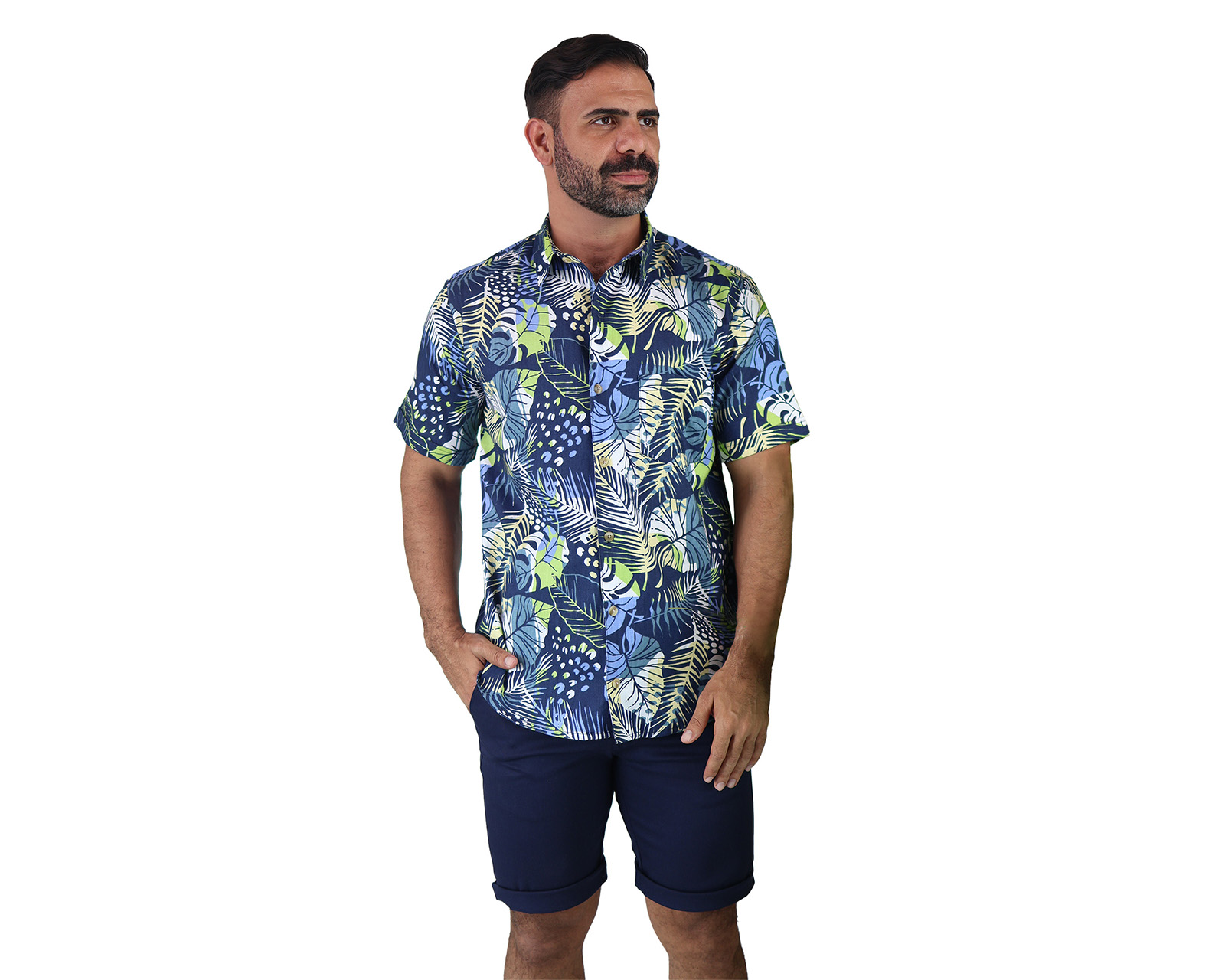 Foto 2 pulgar | Camisa Estilo Hawaiano De Manga Corta Marca Rams Cottons Modelo Bali Con Estampado De Hojas