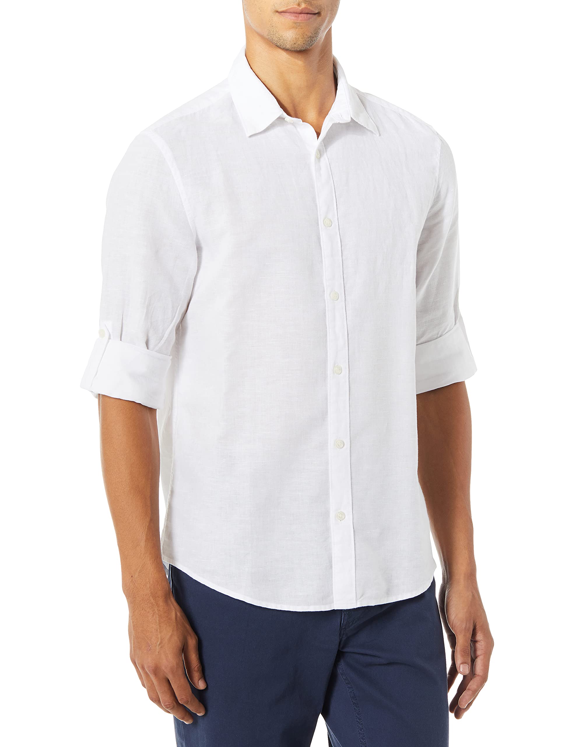 Camisa Perry Ellis Para Hombre, Corte Ajustado, Manga Enrollada, Lino Y Algodón - Venta Internacional.