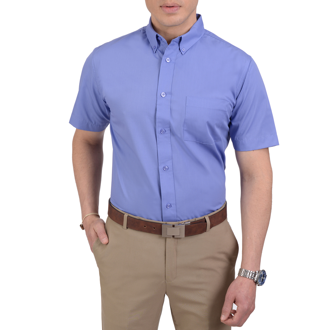 Camisa Casual Manga Corta Lisa Classic Fit - Azul Francia