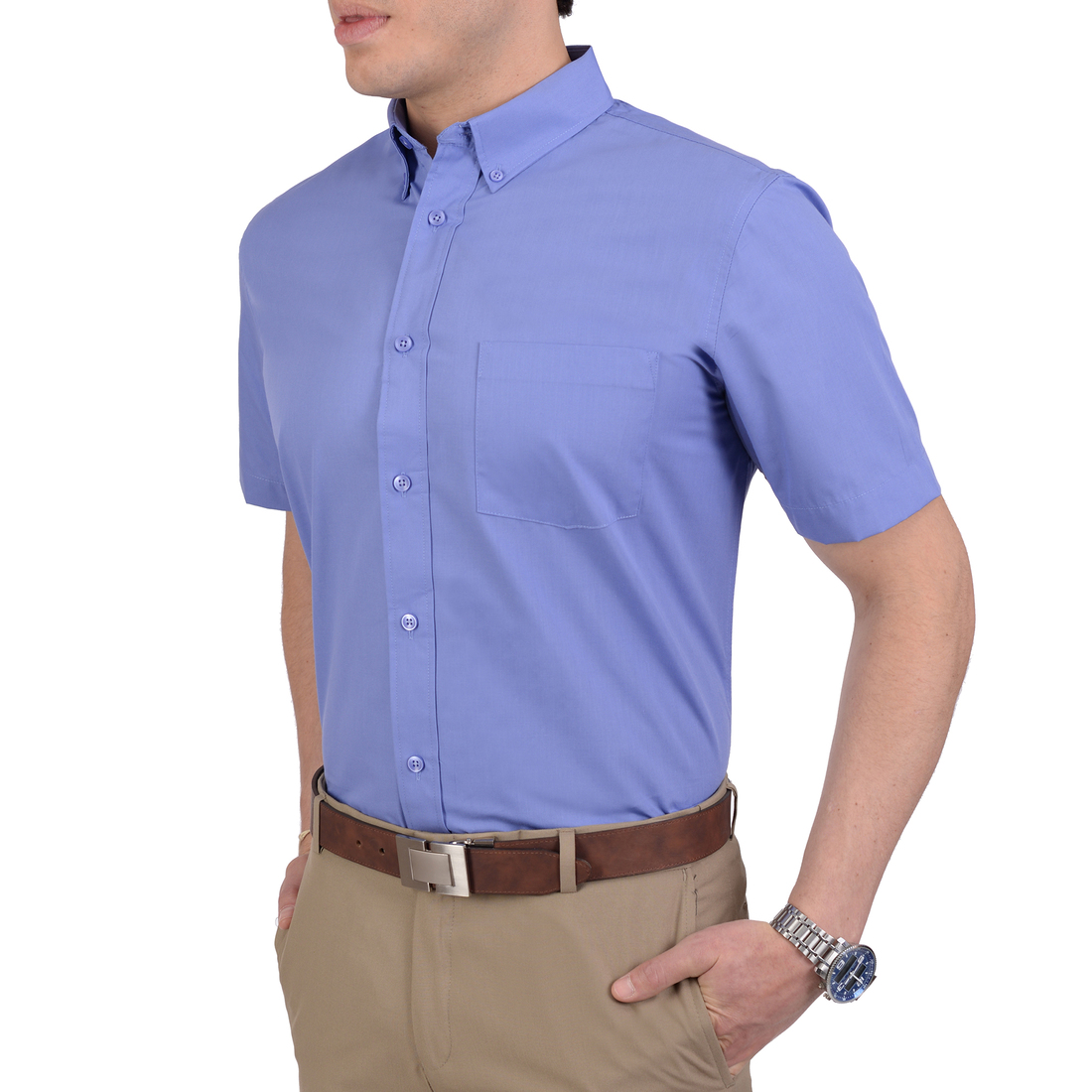 Foto 3 pulgar | Camisa Casual Manga Corta Lisa Classic Fit - Azul Francia