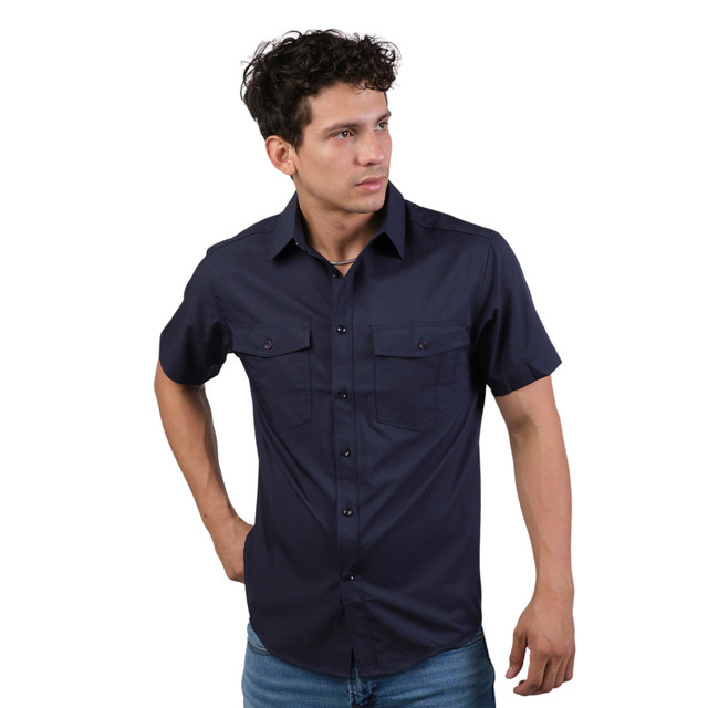 Camisa Huggo Valentino Manga Corta Tipo Pescador Azul Marino Hvss115-03