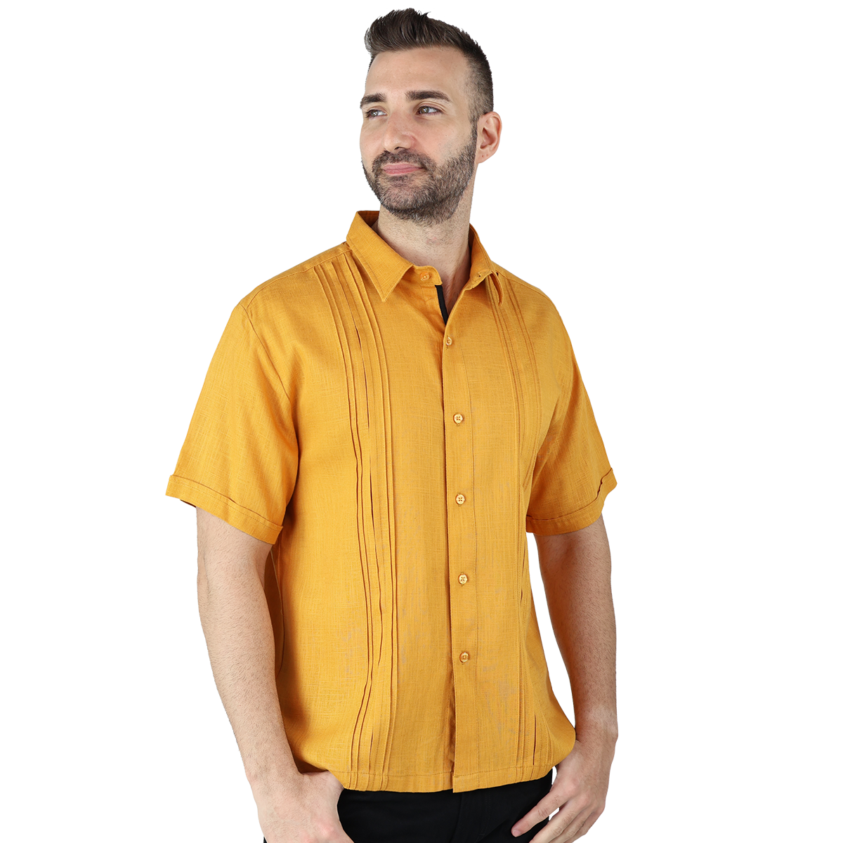 Foto 3 pulgar | Camisa Tipo Guayabera Para Hombre Modelo Digan Color Mostaza Corte Regular Y Apariencia De Lino