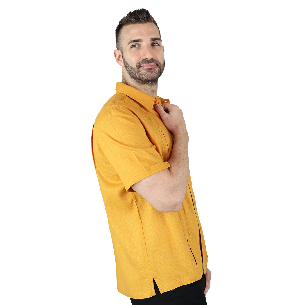 Foto 4 pulgar | Camisa Tipo Guayabera Para Hombre Modelo Digan Color Mostaza Corte Regular Y Apariencia De Lino
