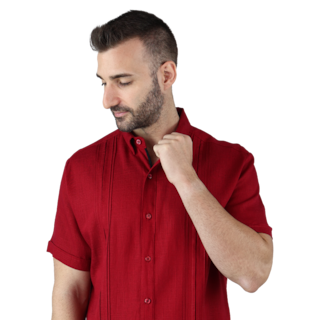 Foto 4 | Camisa Tipo Guayabera Para Hombre Modelo Digan Color Rojo Corte Regular Y Apariencia De Lino