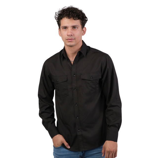 Camisa Huggo Valentino Manga Larga Tipo Pescador Negra Hvls114-04