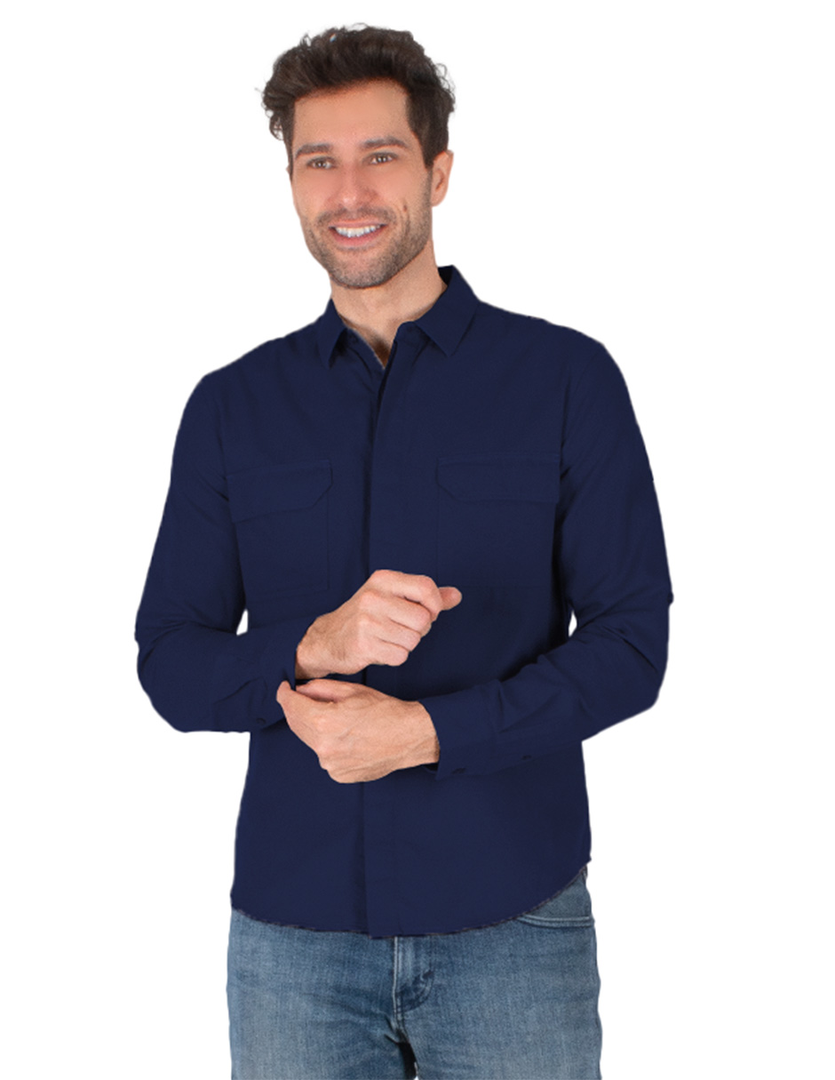 Generra | Camisa Manga Larga Para Hombre, Estilo Casual, Con Bolsillos Frontales