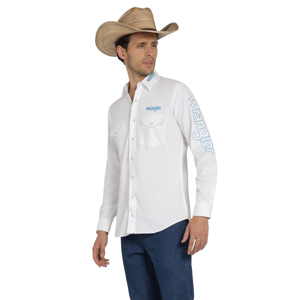 Foto 3 pulgar | Camisa Vaquera Wrangler Hombre Logos Regular Manga Larga 913 Blanco
