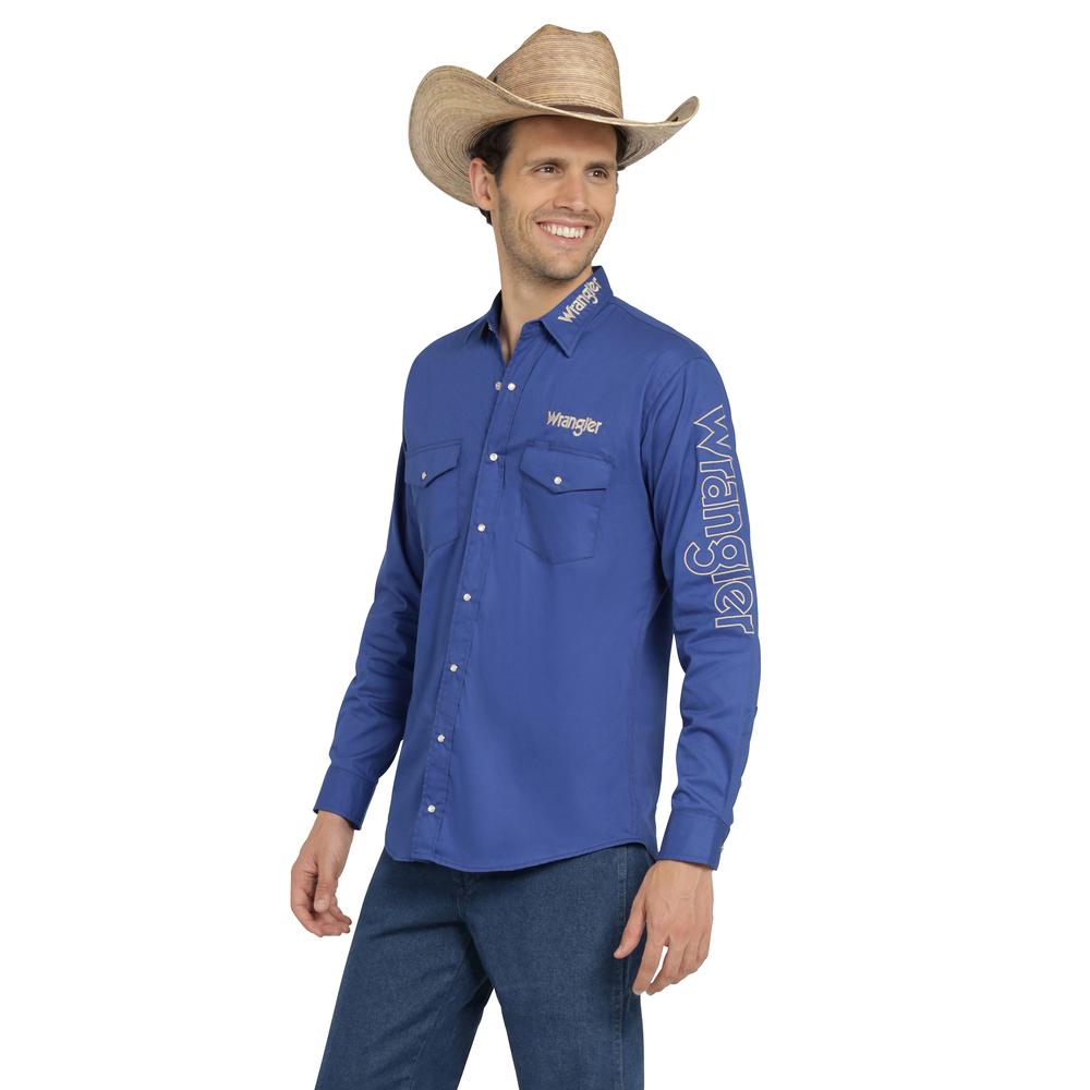Foto 3 pulgar | Camisa Vaquera Wrangler Hombre Logos Regular Manga Larga 905 Azul Oscuro