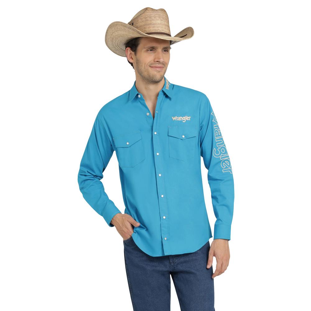 Foto 2 pulgar | Camisa Vaquera Wrangler Hombre Logos Regular Manga Larga 894 Turquesa