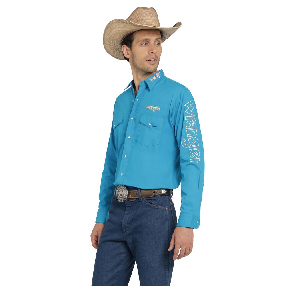 Foto 3 pulgar | Camisa Vaquera Wrangler Hombre Logos Regular Manga Larga 894 Turquesa