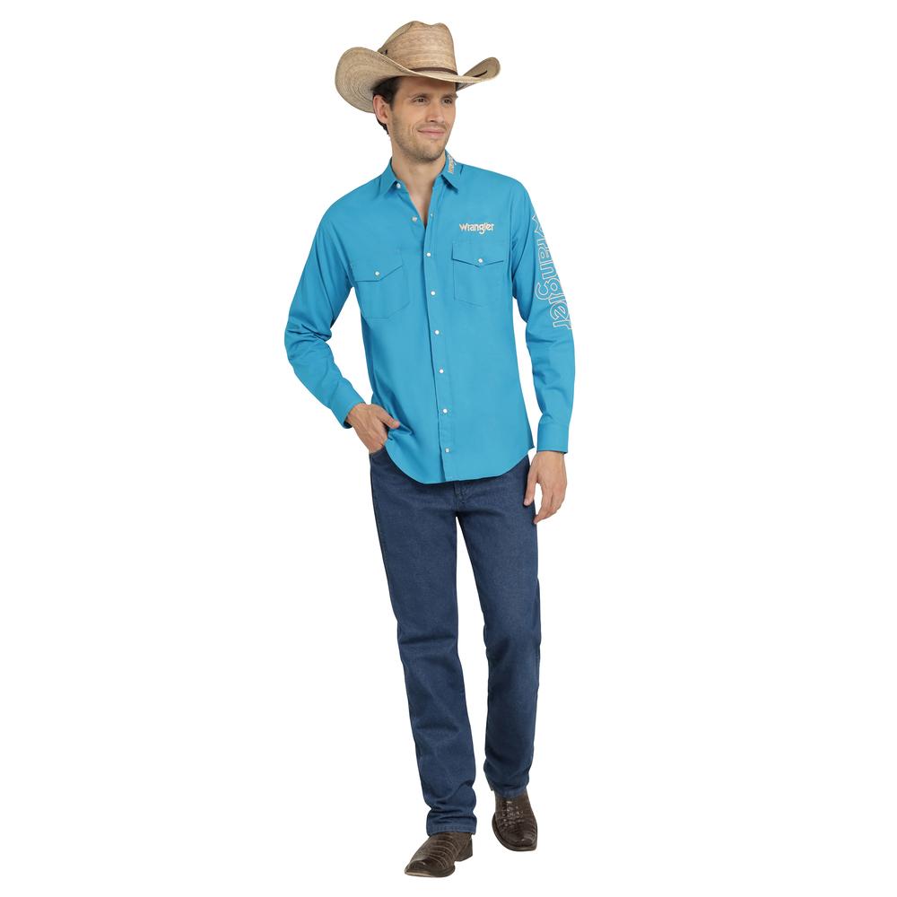 Foto 5 pulgar | Camisa Vaquera Wrangler Hombre Logos Regular Manga Larga 894 Turquesa