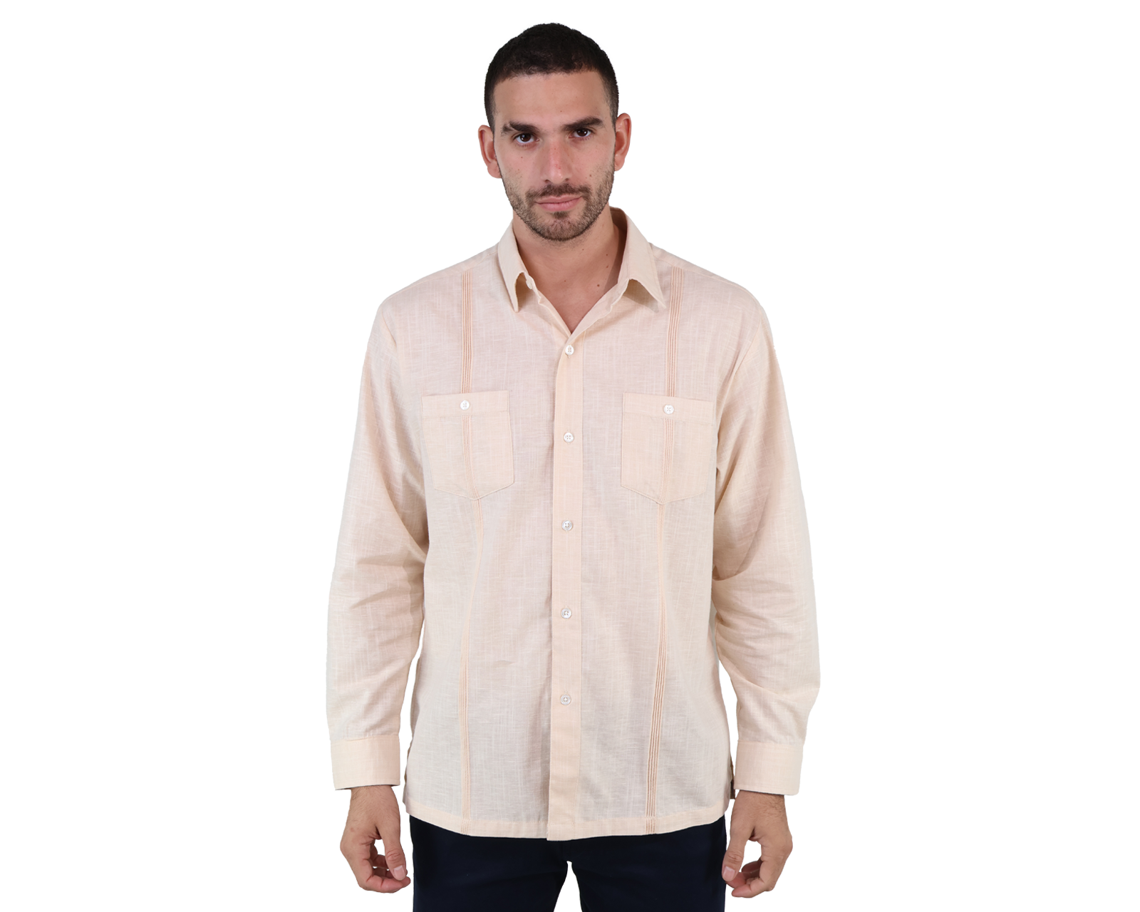 Guayabera Caqui Manga Larga Marca Rams Cottons Alforzada Textura Lino Slim Fit  Para Hombre