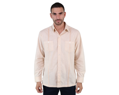 Foto 1 | Guayabera Caqui Manga Larga Marca Rams Cottons Alforzada Textura Lino Slim Fit Para Hombre