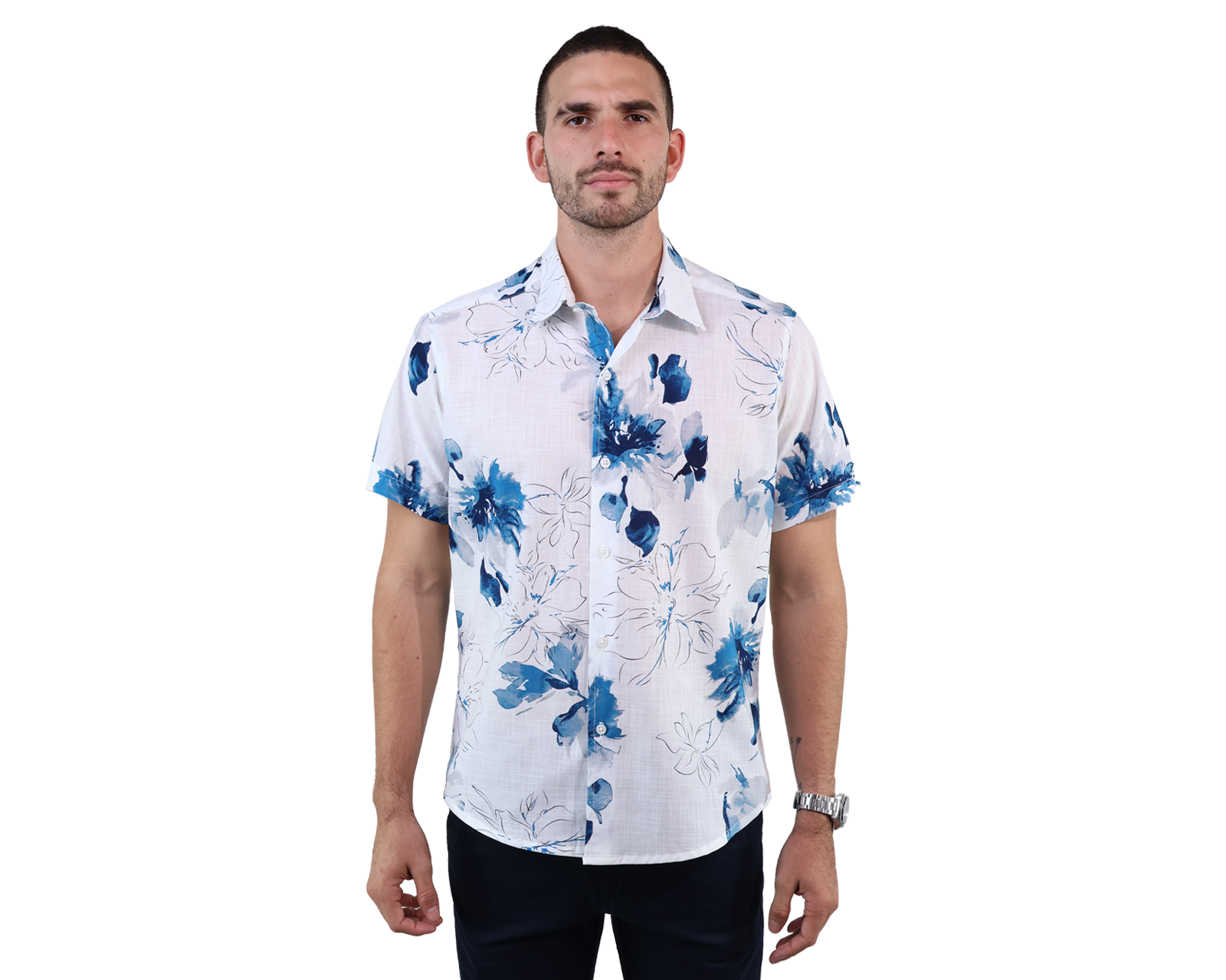 Camisa Estampado Floral Marca Rams Cottons Manga Corta De Algodón Para Hombre