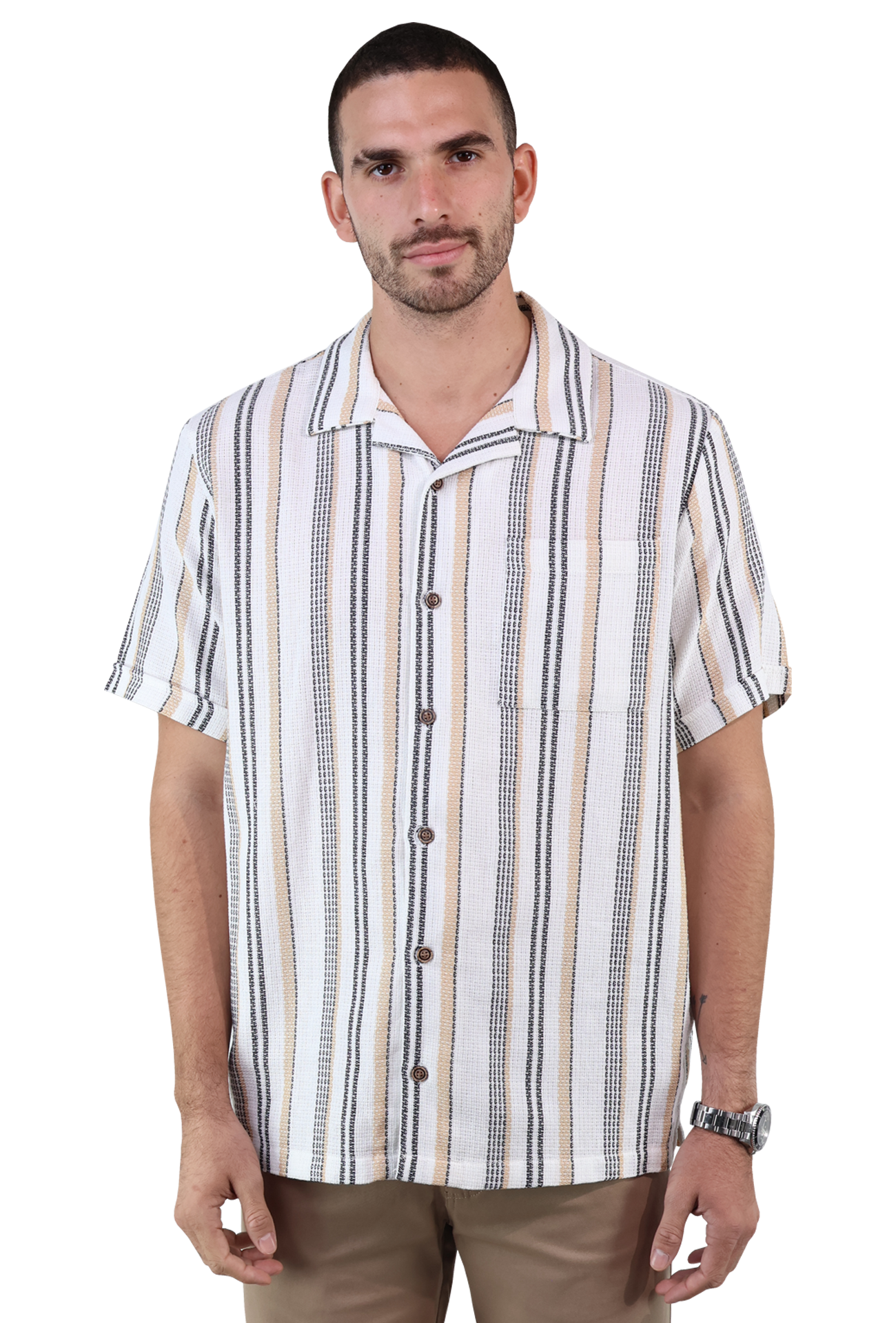 Foto 2 pulgar | Camisa Estilo Resort Rams Cottons De Algodón Manga Corta Estampado Vertical Para Hombre