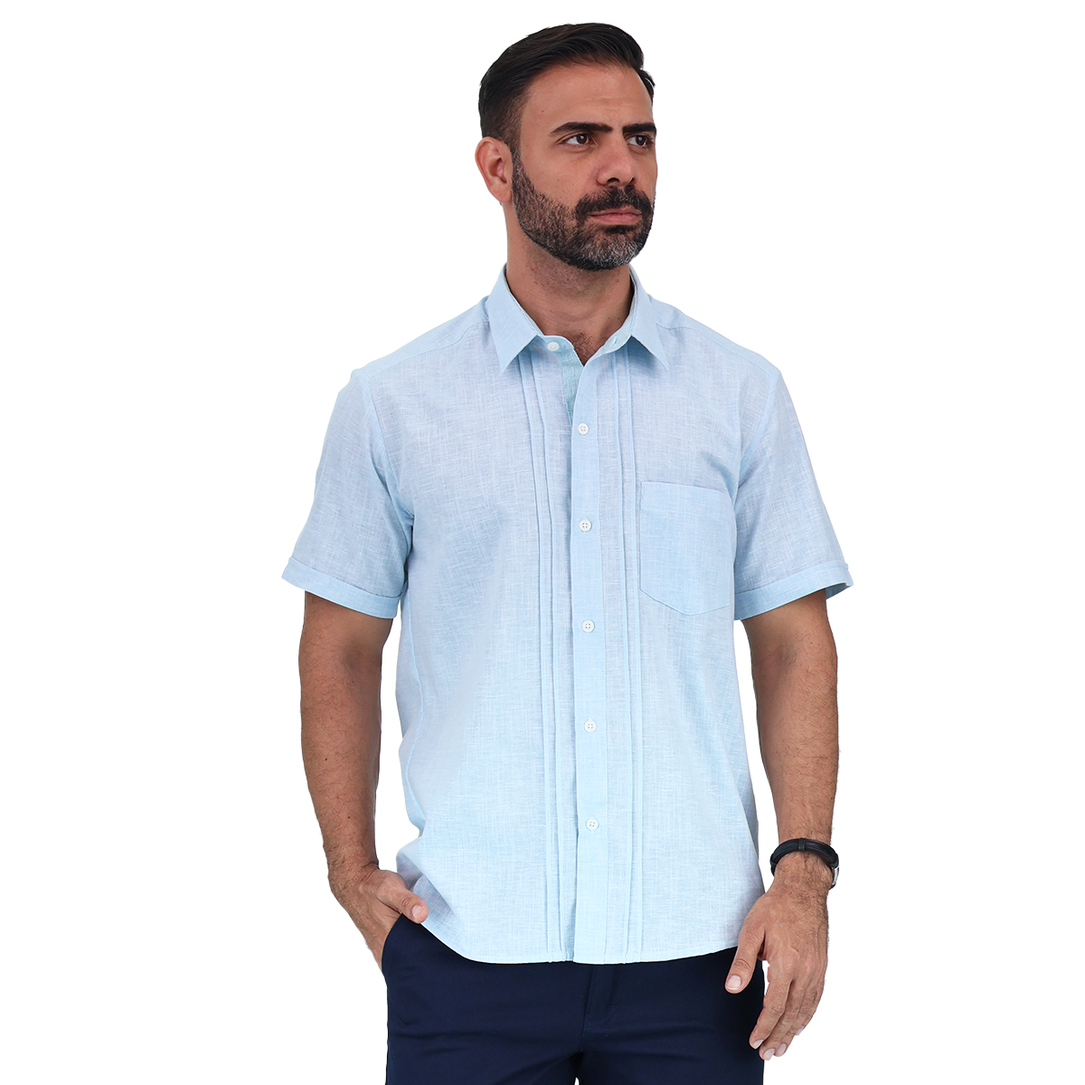 Foto 2 pulgar | Camisa Manga Corta Verde Aqua Tipo Guayabera Cuello Italiano Para Hombre