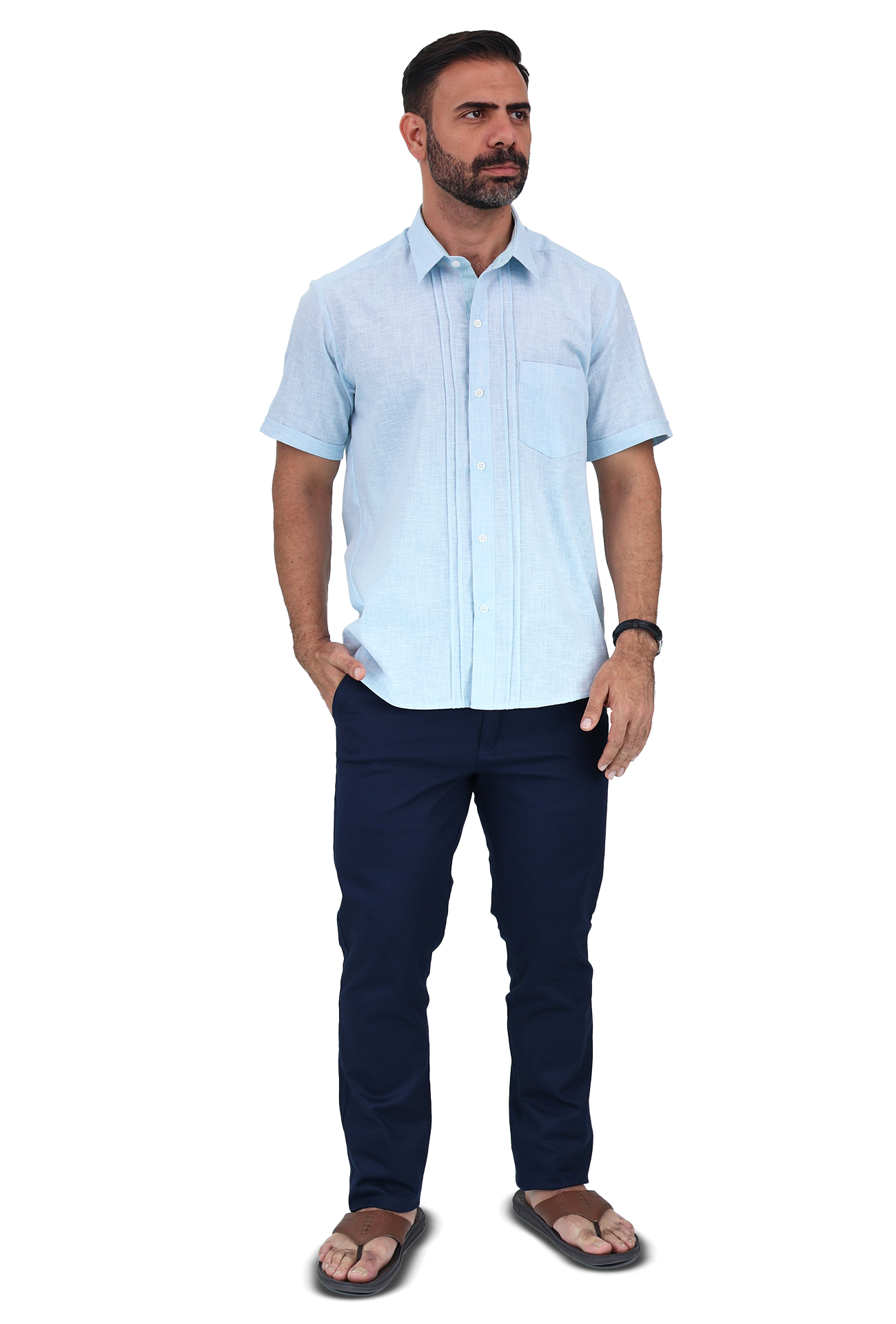 Foto 3 | Camisa Manga Corta Verde Aqua Tipo Guayabera Cuello Italiano Para Hombre