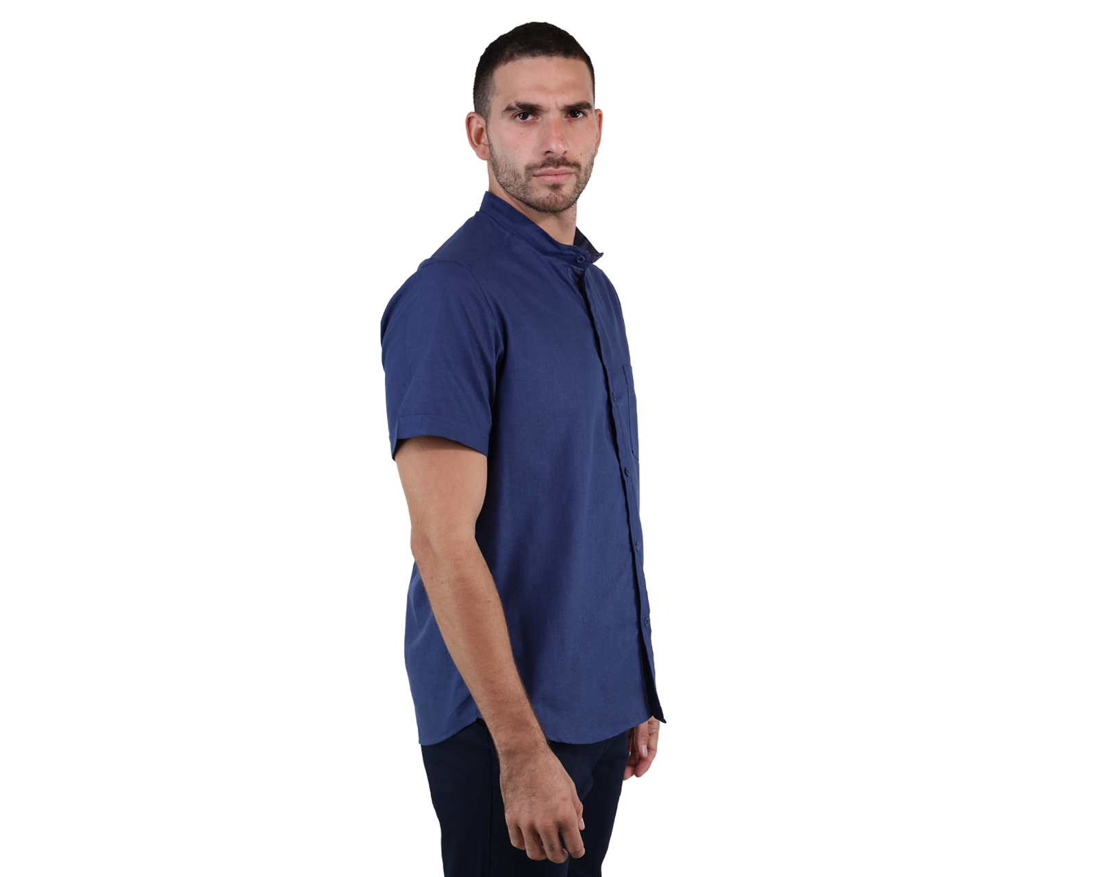 Foto 4 pulgar | Camisa Look De Lino Manga Corta Azul Marino Cuello Mao Slim Fit Hombre