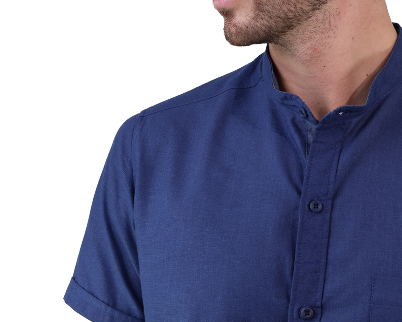 Foto 6 pulgar | Camisa Look De Lino Manga Corta Azul Marino Cuello Mao Slim Fit Hombre