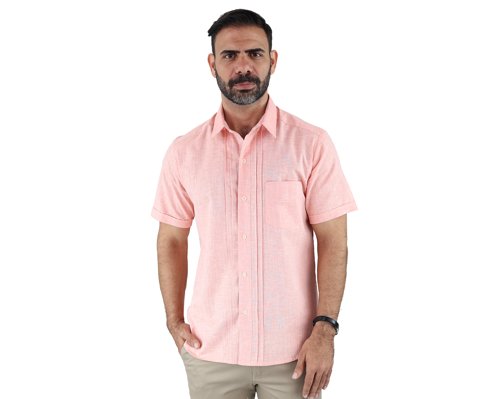 Camisa Tipo Guayabera Color Salmón Manga Corta Con Alforzas Caballero