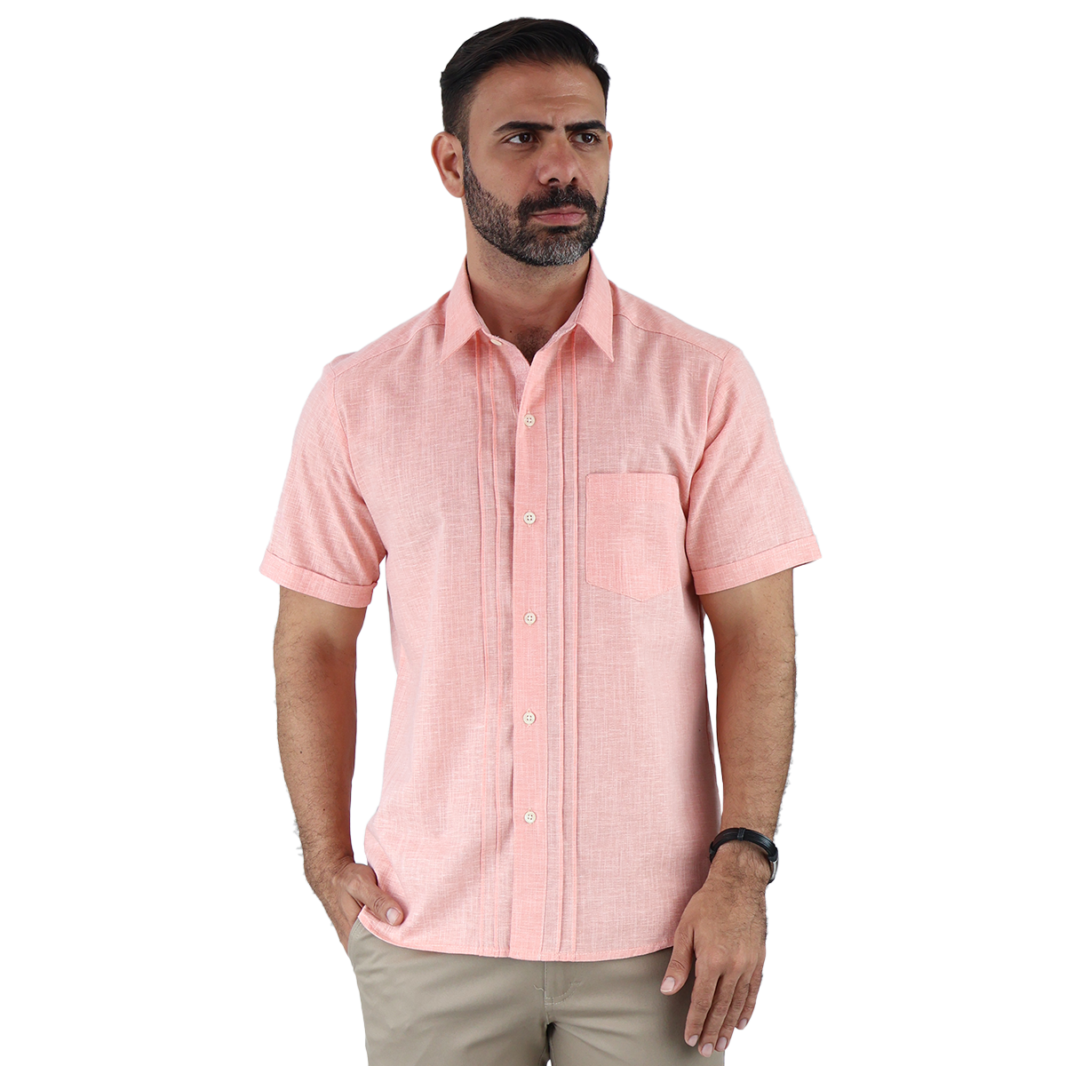Foto 4 pulgar | Camisa Tipo Guayabera Color Salmón Manga Corta Con Alforzas Caballero