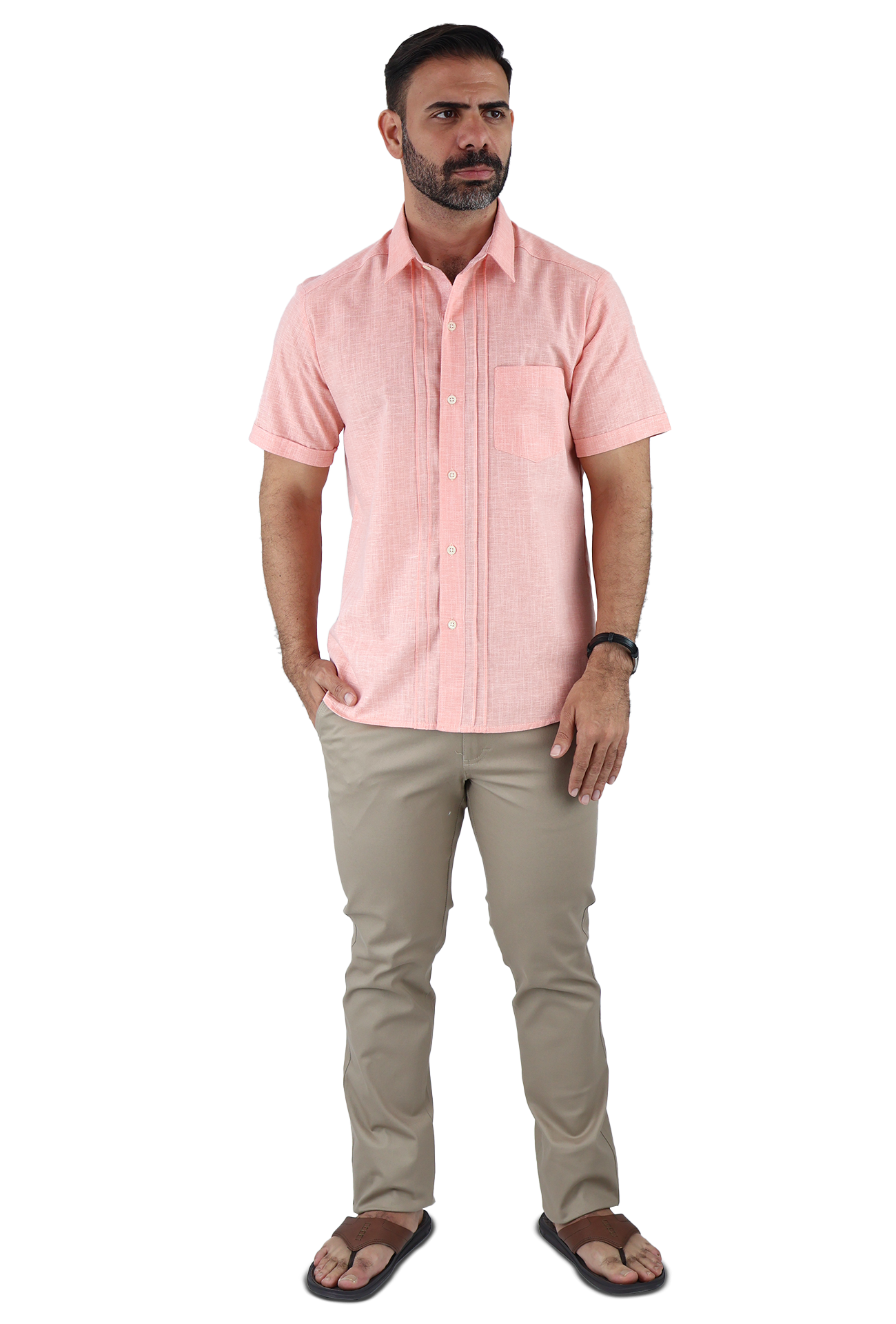 Foto 6 pulgar | Camisa Tipo Guayabera Color Salmón Manga Corta Con Alforzas Caballero