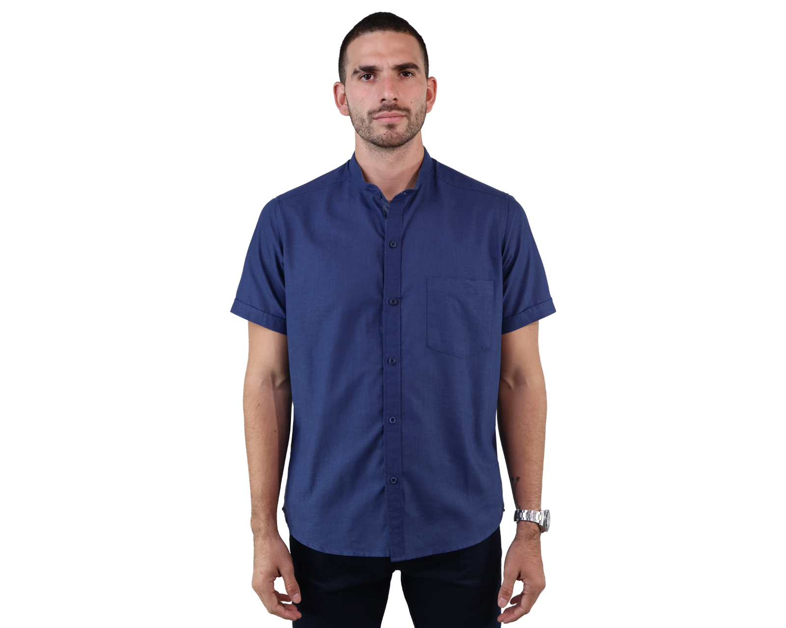 Camisa Look De Lino Manga Corta Azul Marino Cuello Mao Slim Fit Hombre