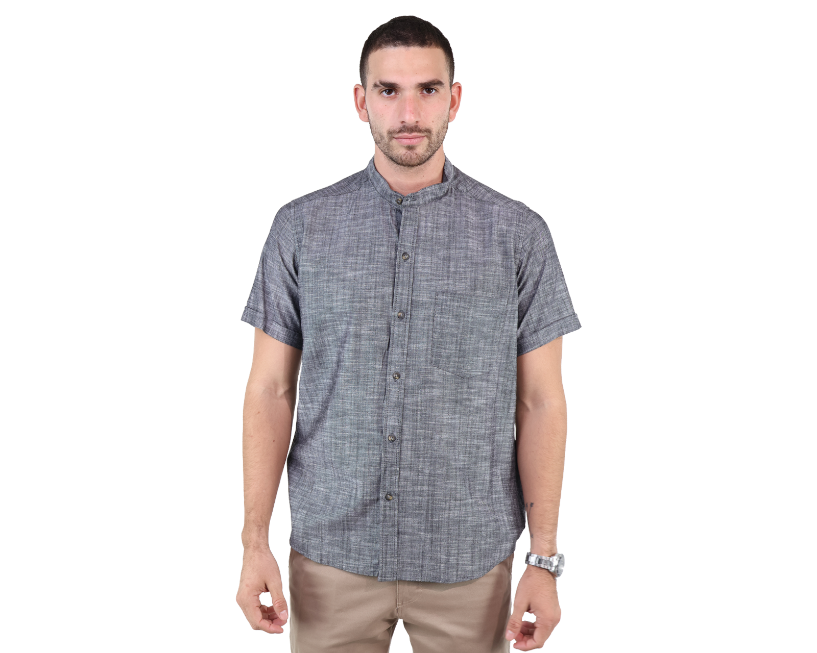 Foto 2 pulgar | Camisas De Vestir Manga Corta Look De Lino Negro Jaspe Slim Fit Hombre