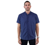 Camisa Look De Lino Manga Corta Azul Marino Cuello Mao Slim Fit Hombre
