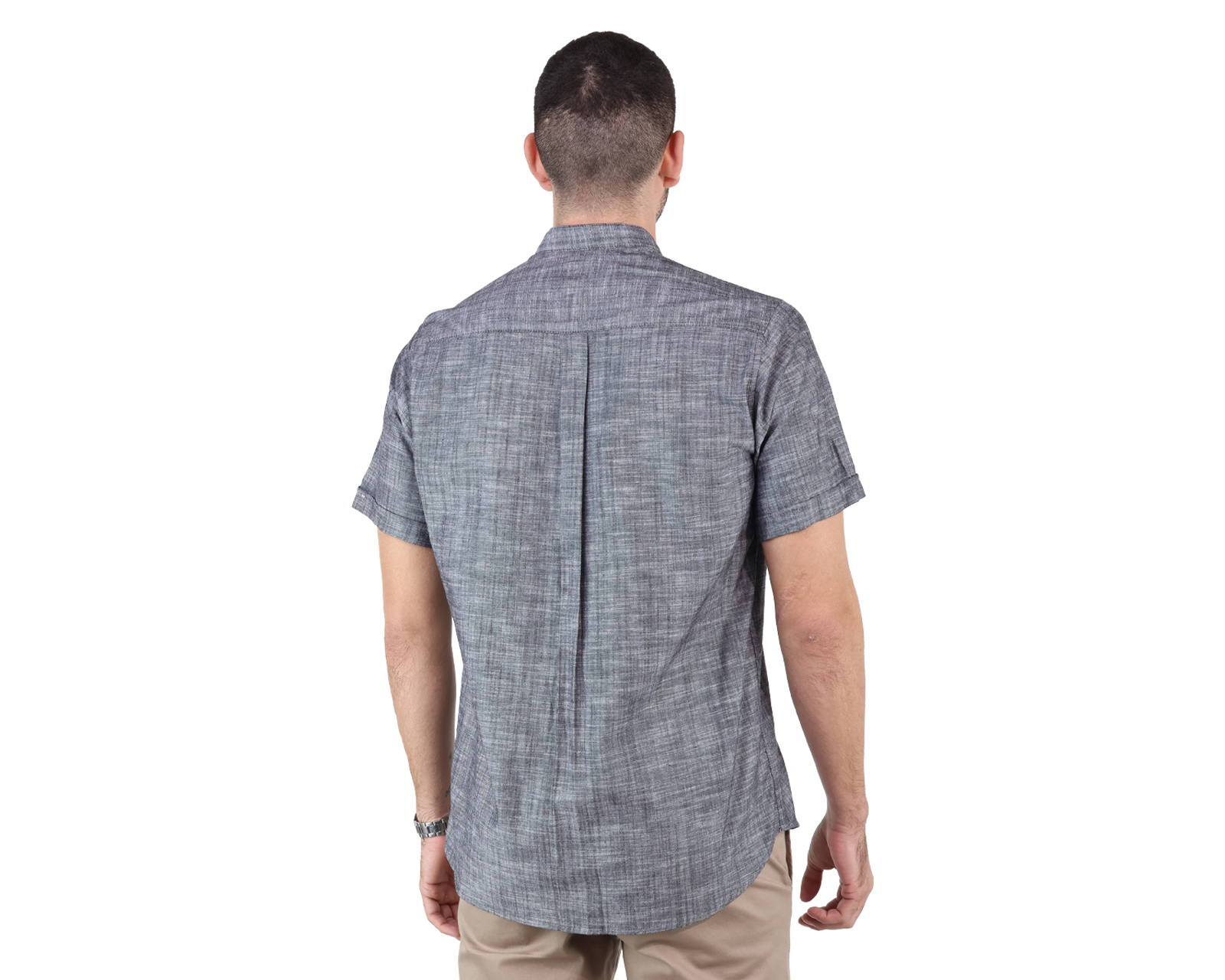Foto 2 | Camisas De Vestir Manga Corta Look De Lino Negro Jaspe Slim Fit Hombre