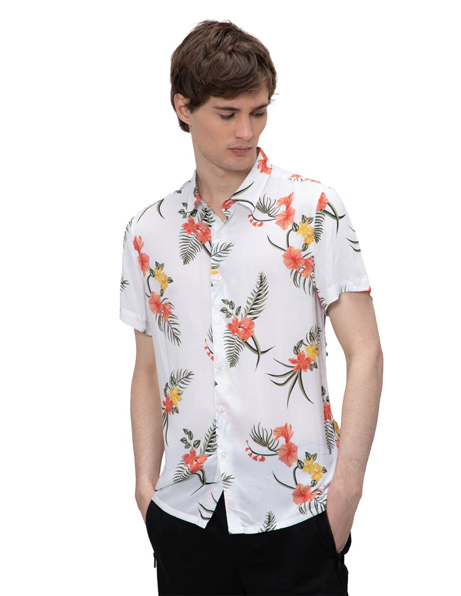 Camisa Regular Fit Estampada de Manga Corta 218106 color Blanco $599