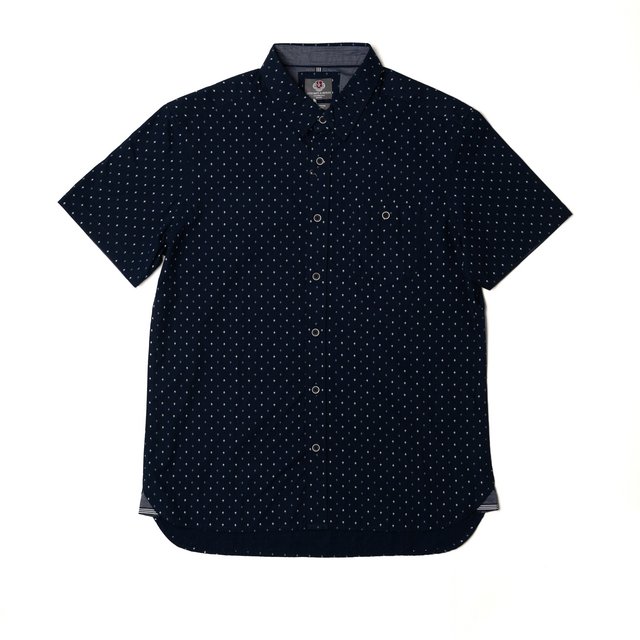 Camisa Manga Corta Azul Marino Estampada, 100% Algodón