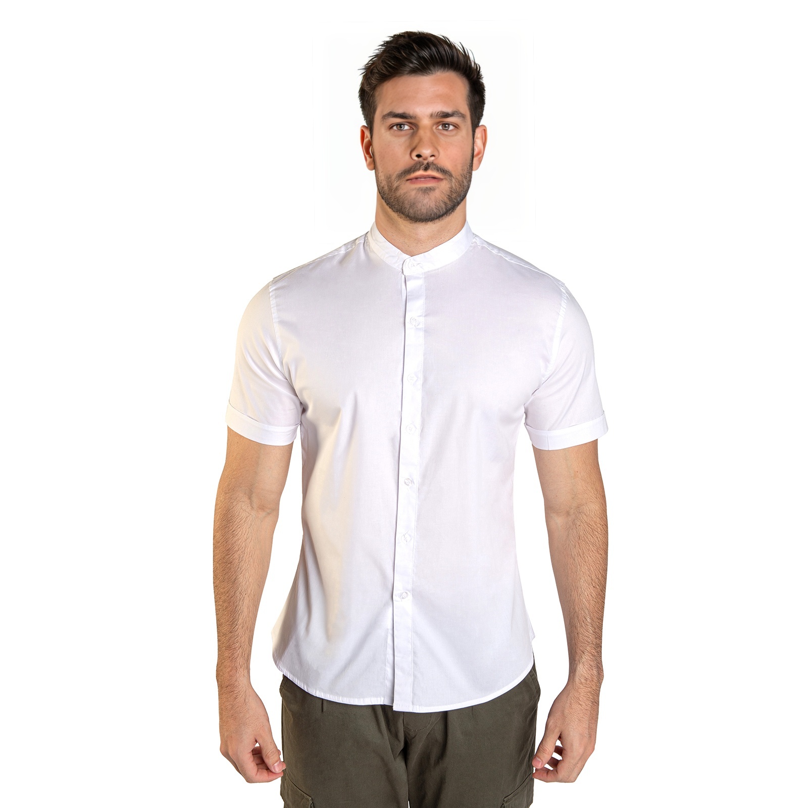 Foto 2 pulgar | Camisa Manga Corta Blanca Stretch Slim Fit Cuello Mao