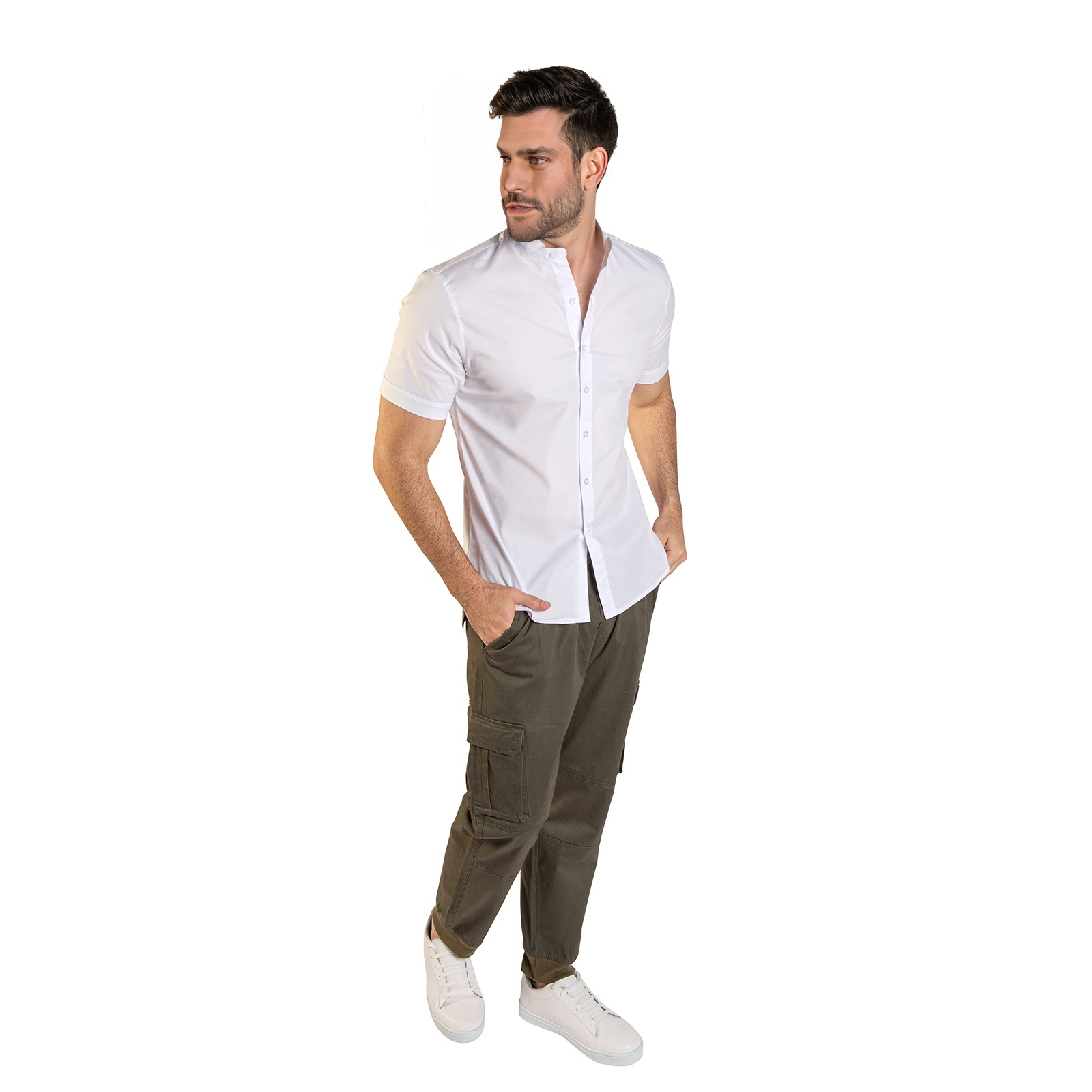 Foto 3 pulgar | Camisa Manga Corta Blanca Stretch Slim Fit Cuello Mao